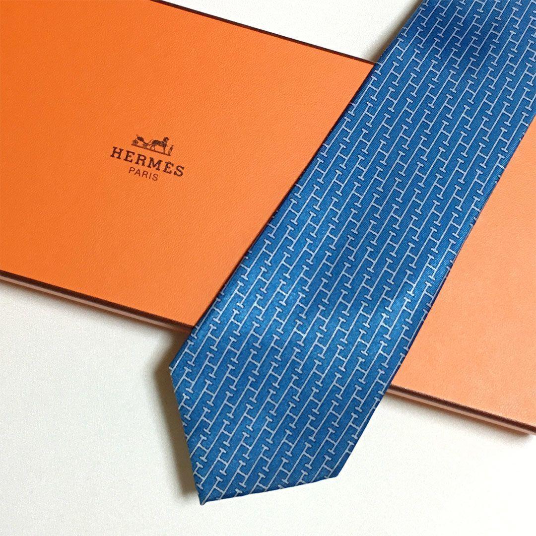 未使用級 エルメス HERMES ネクタイ ブルー H織りタイ ファソネH H柄