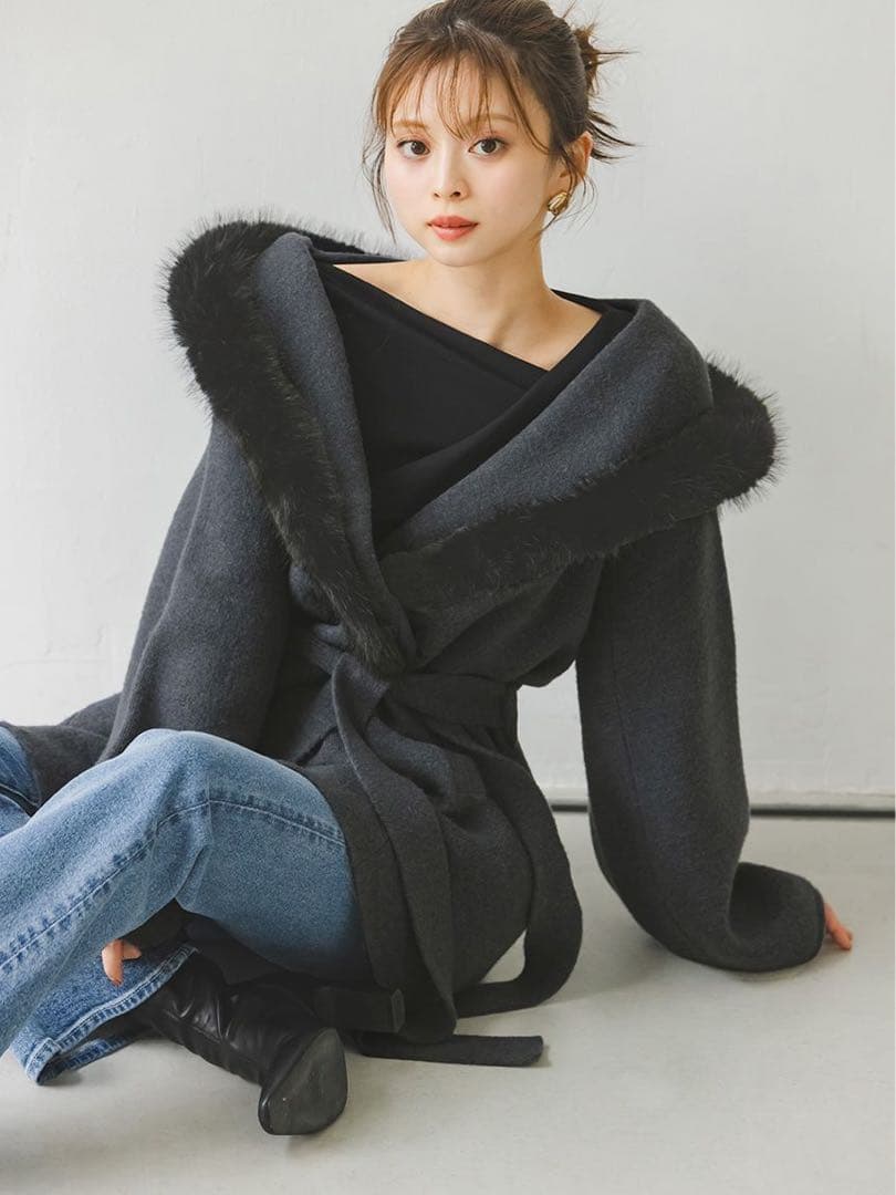 SNIDEL ファーフードニットコート