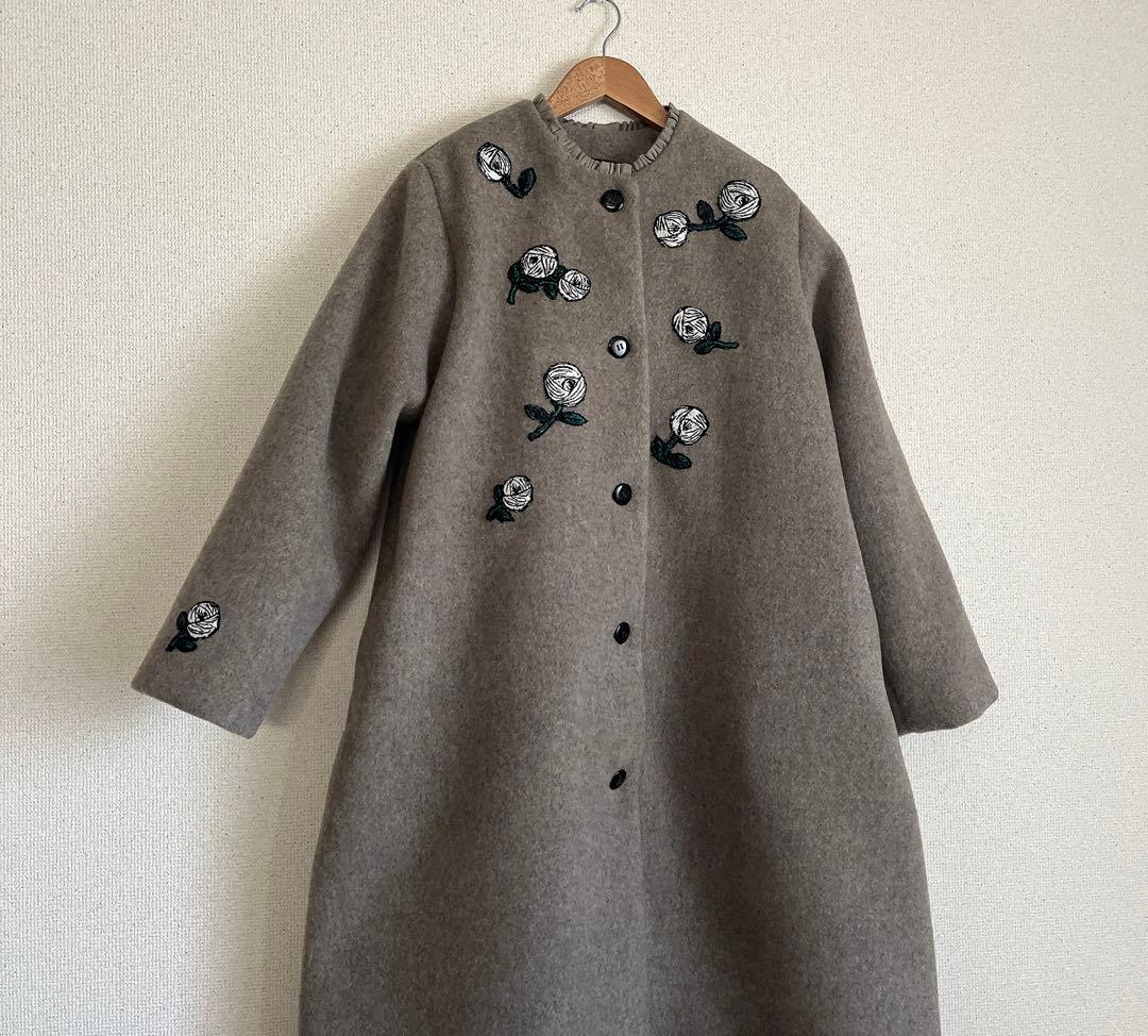 ミナペルホネン　rosy モカ　ウール　ロングコート　総裏　ハンドメイド