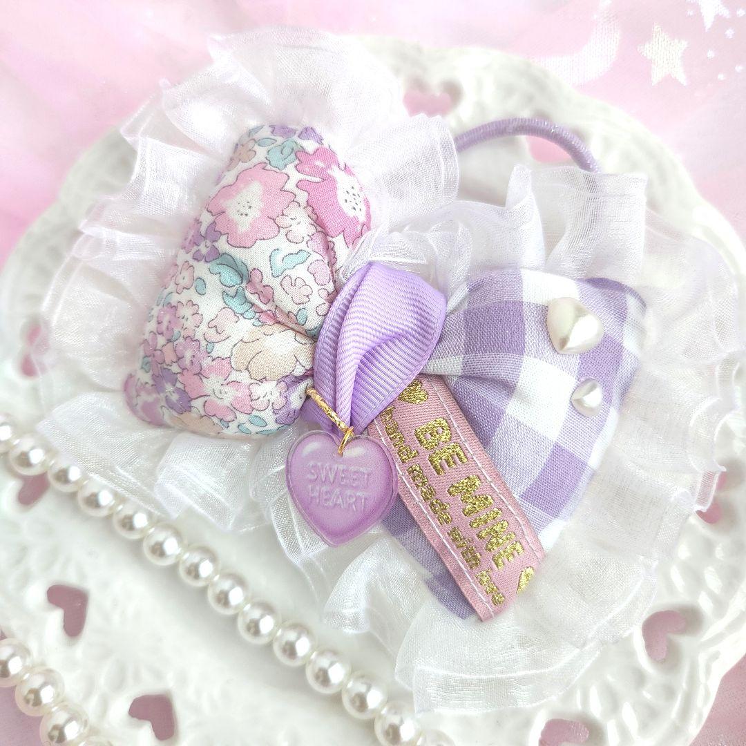 再販ハンドメイド♡リバティ×ギンガム、タグ オーガンジーフリルポニー 紫