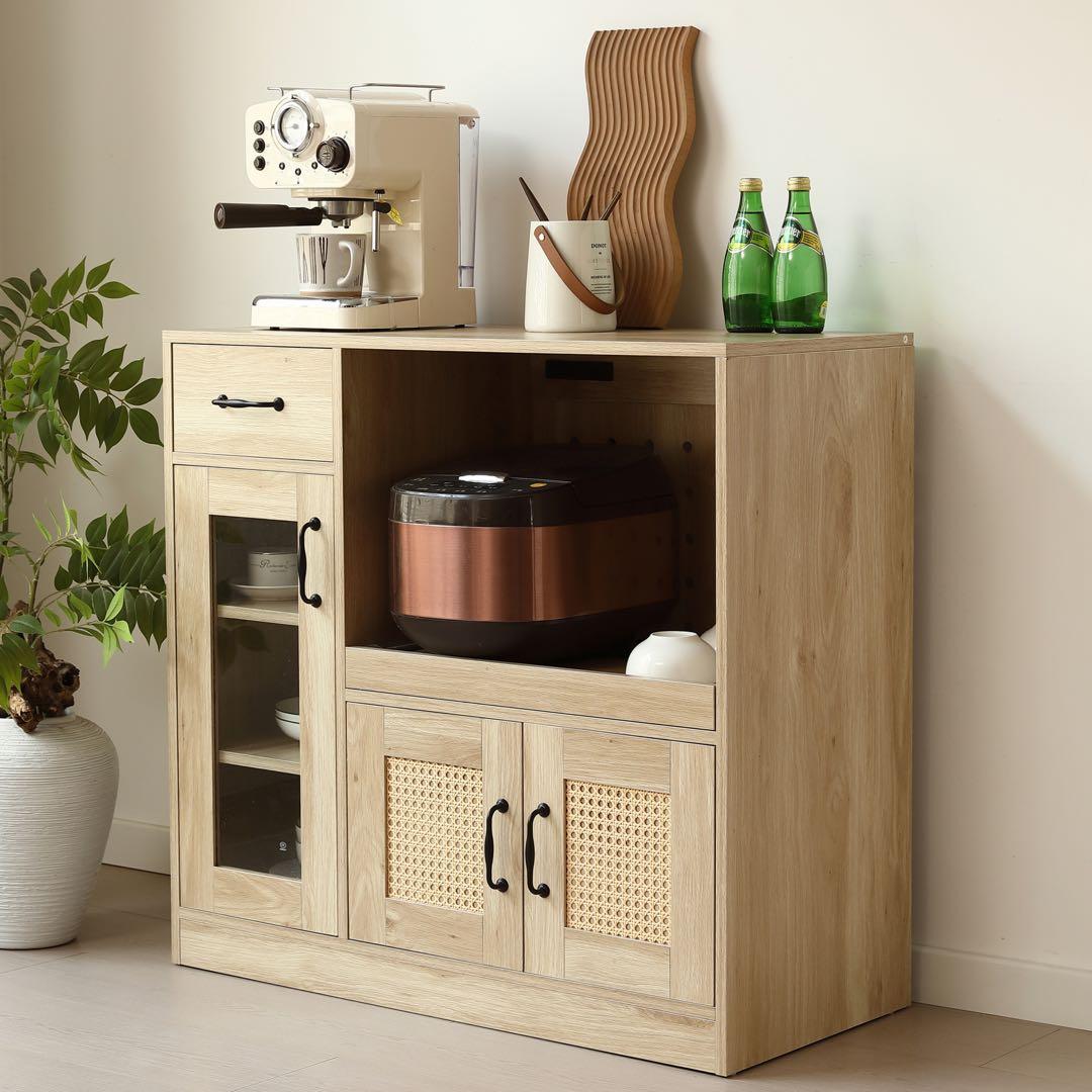 【新品】ラタン調キッチンカウンター 幅88cm 引き出し付き