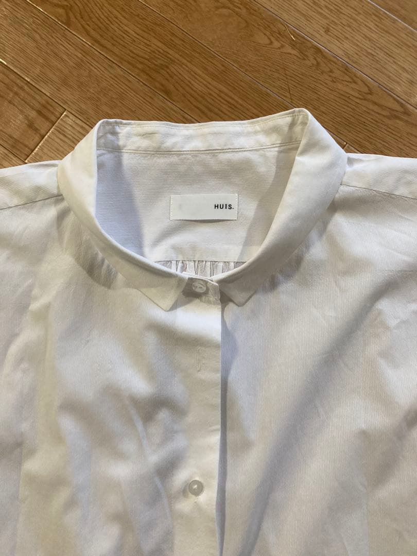 huis 遠州織物　コードレーンフレンチスリーブワイドブラウス白