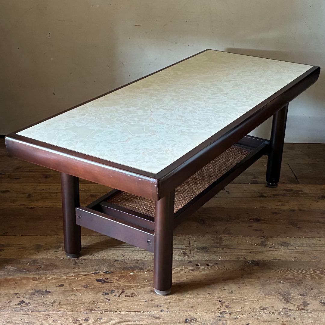 オールドカリモク ヴィンテージ センターテーブル マーブル ラタン レトロ