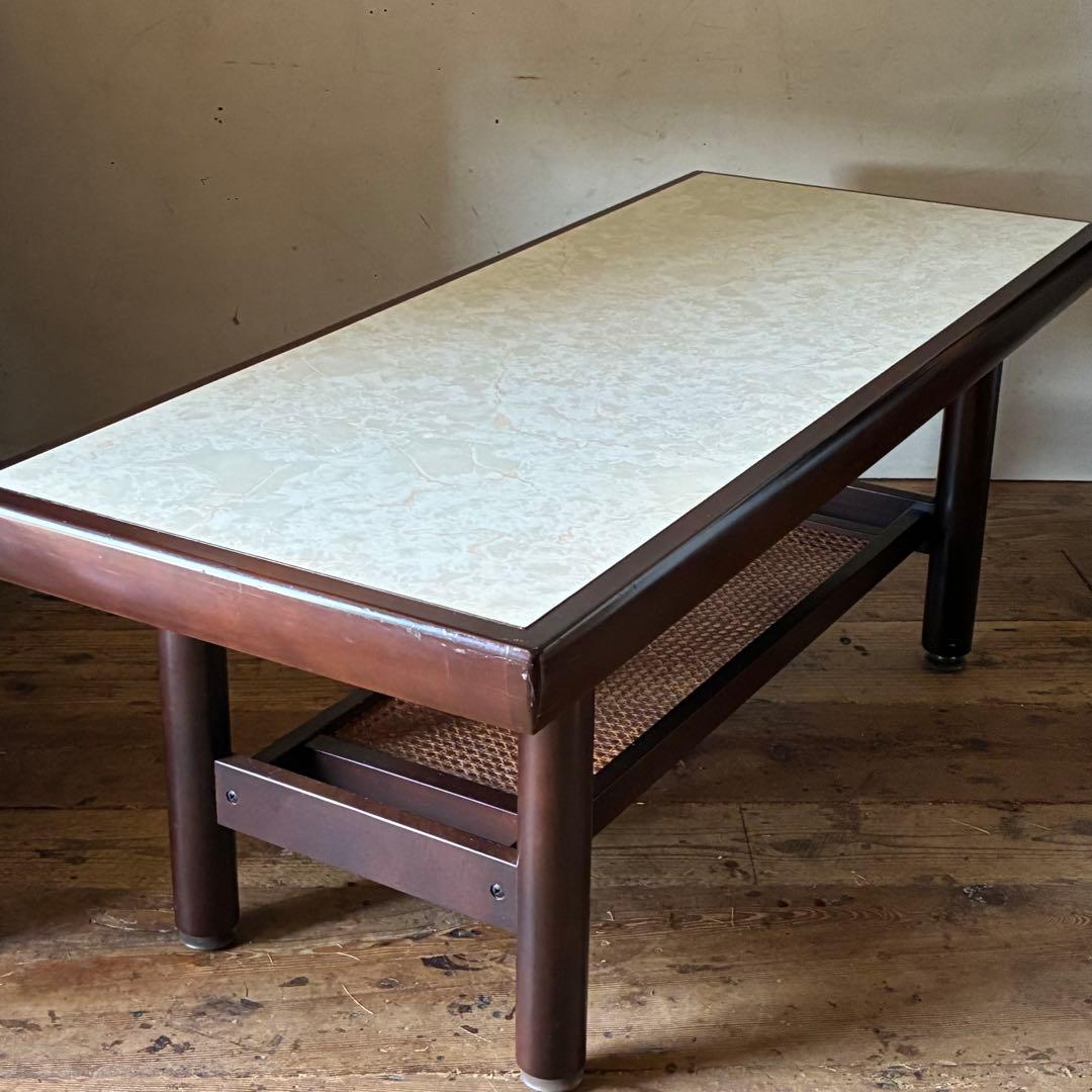 オールドカリモク ヴィンテージ センターテーブル マーブル ラタン レトロ