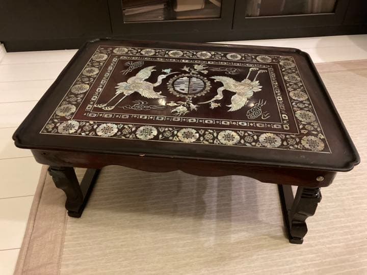 ローテーブル　高級アンティーク　螺鈿　貝細工　折り畳める　送料込