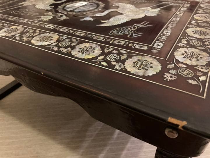 ローテーブル　高級アンティーク　螺鈿　貝細工　折り畳める　送料込