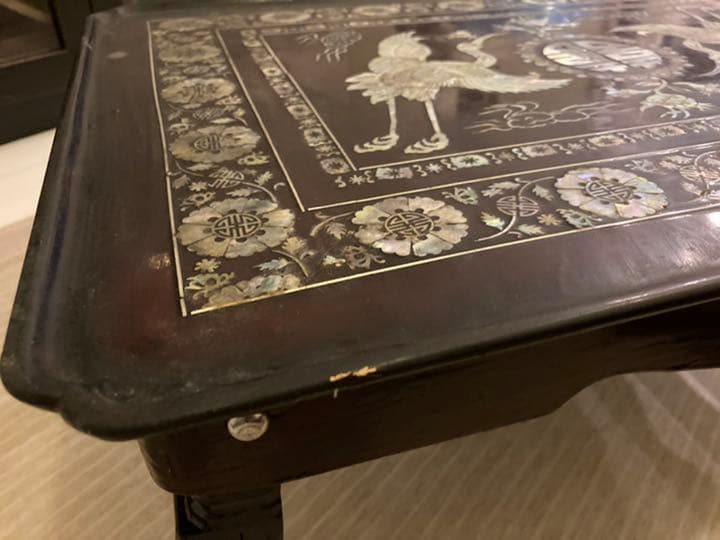 ローテーブル　高級アンティーク　螺鈿　貝細工　折り畳める　送料込