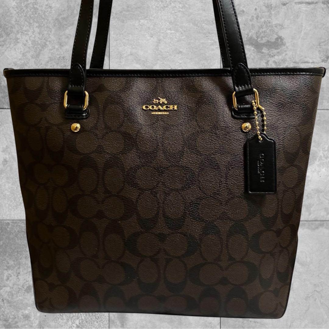美品 COACH コーチ トートバッグ 肩掛け シグネチャー ビジネス 焦茶