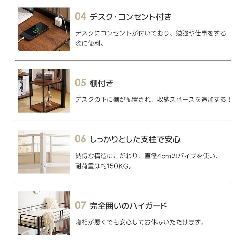 システムベット ロフトベッド シングル コンセント付き 収納付き デスク付き