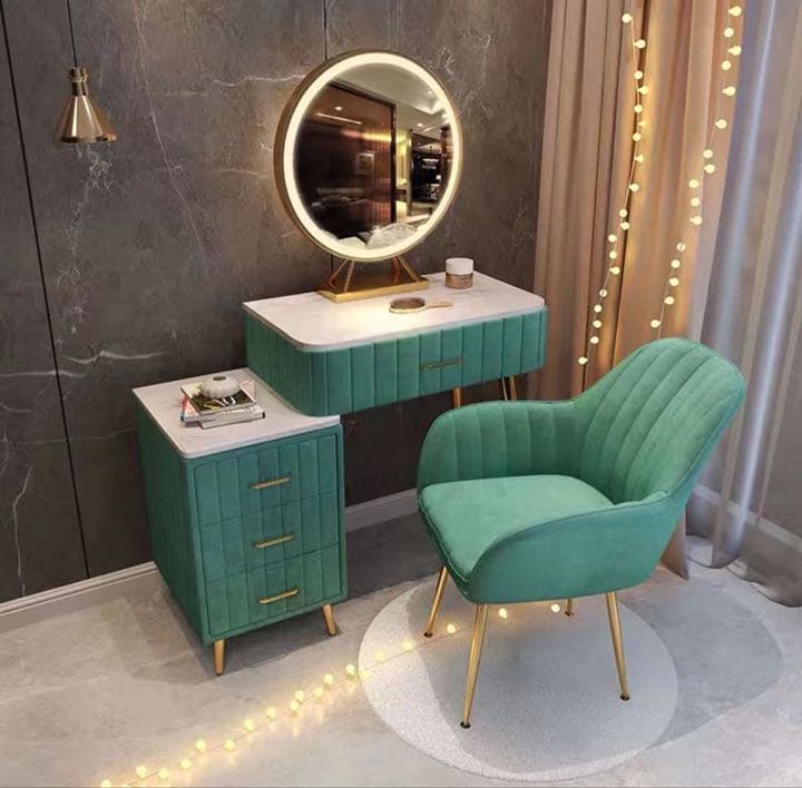 オシャレドレッサー グリーン デスク引き出し1杯LEDミラー　椅子　3点セット
