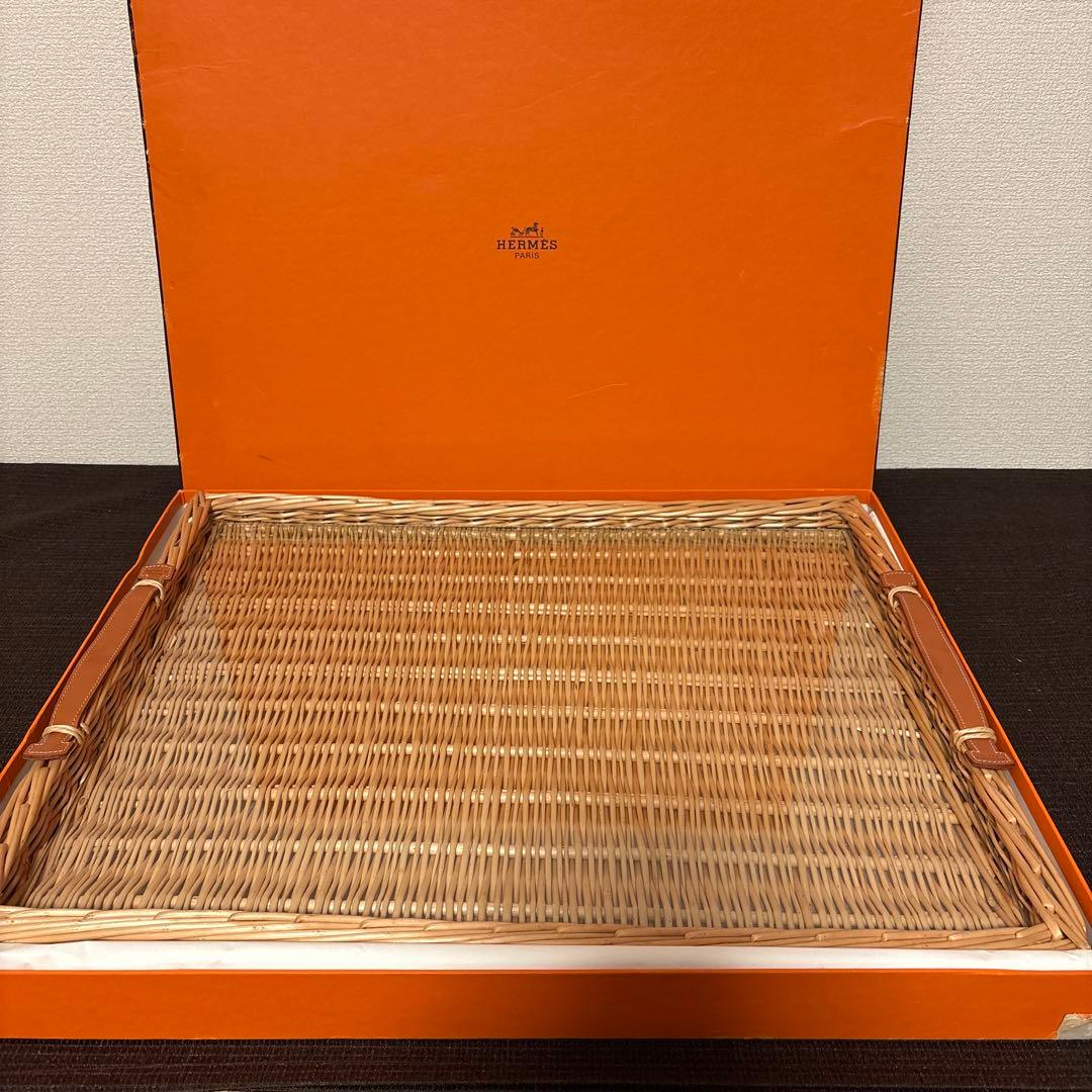エルメス　レクタンギュラートレー　MM ラタン　ガラス　トレイ