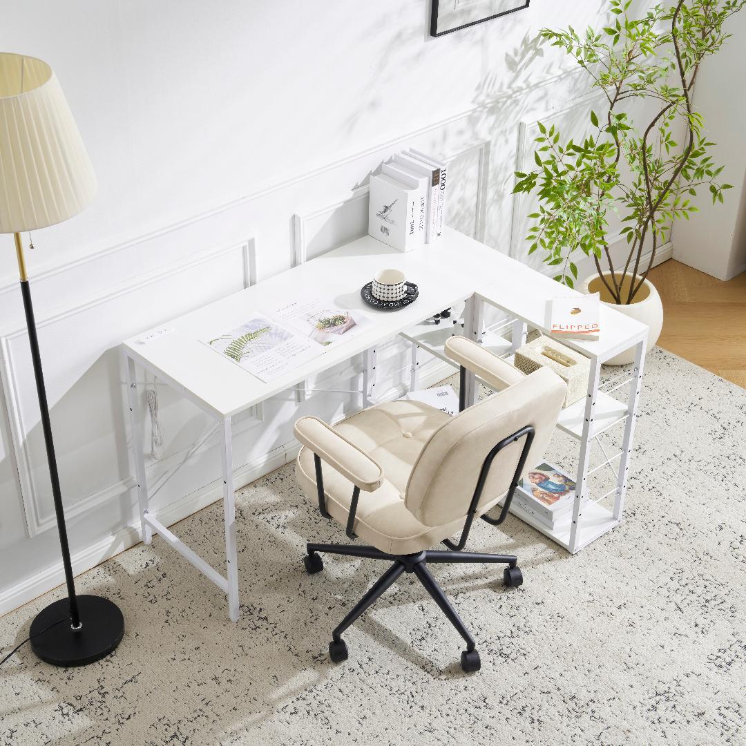 【ホワイト】一体分離多用型パソコンデスク ラック付 ワークデスク 木製 学習用