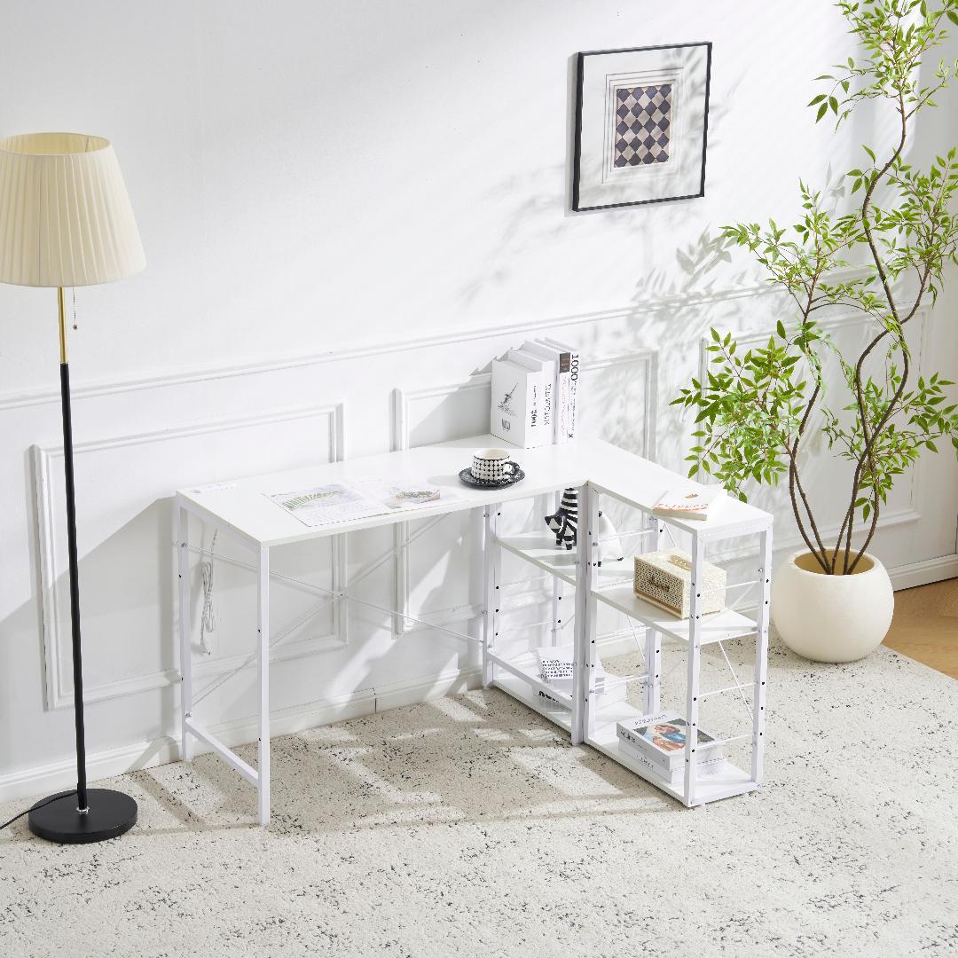 【ホワイト】一体分離多用型パソコンデスク ラック付 ワークデスク 木製 学習用