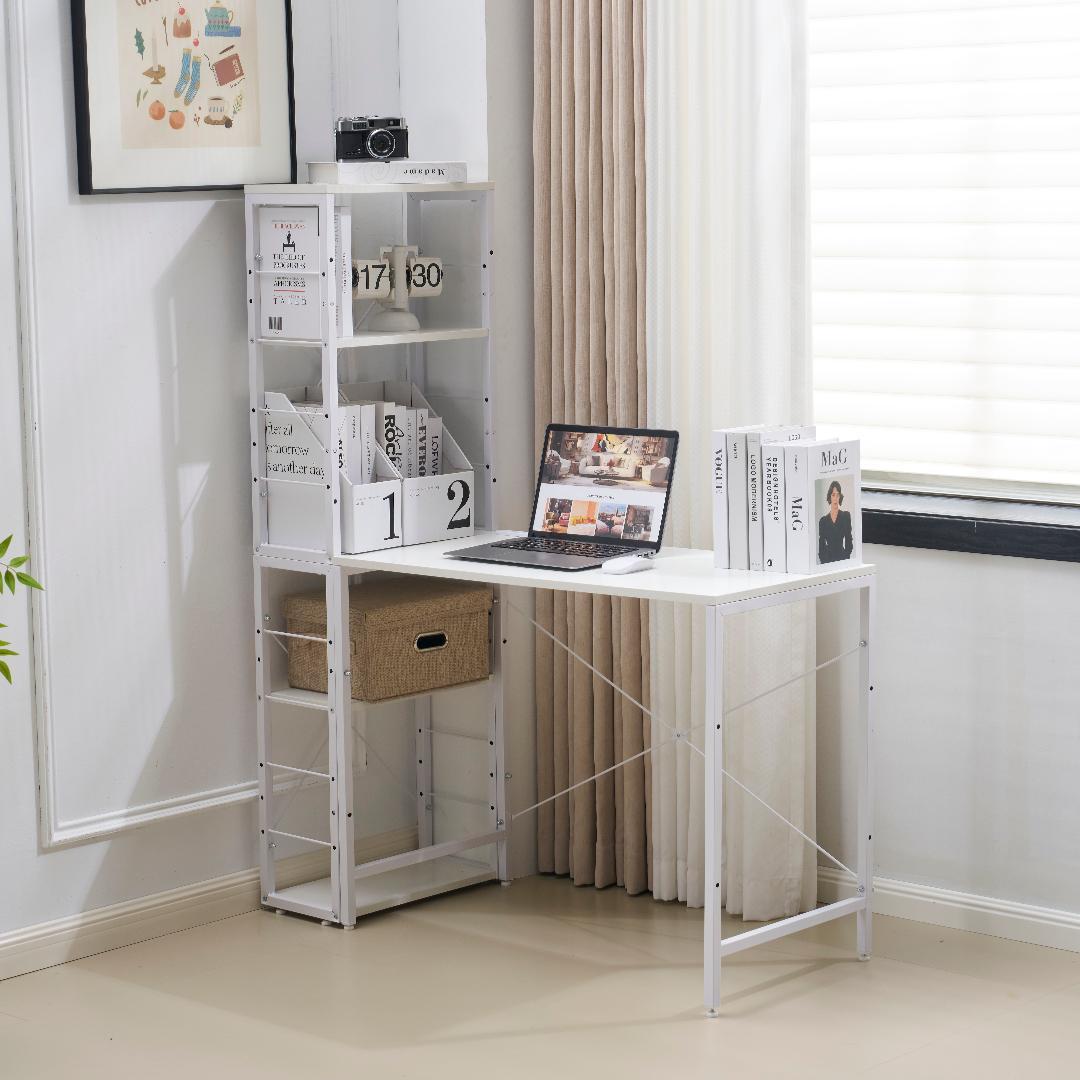 【ホワイト】一体分離多用型パソコンデスク ラック付 ワークデスク 木製 学習用