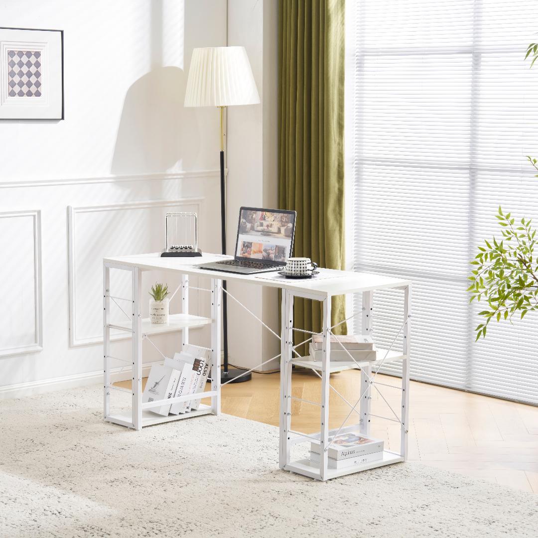 【ホワイト】一体分離多用型パソコンデスク ラック付 ワークデスク 木製 学習用