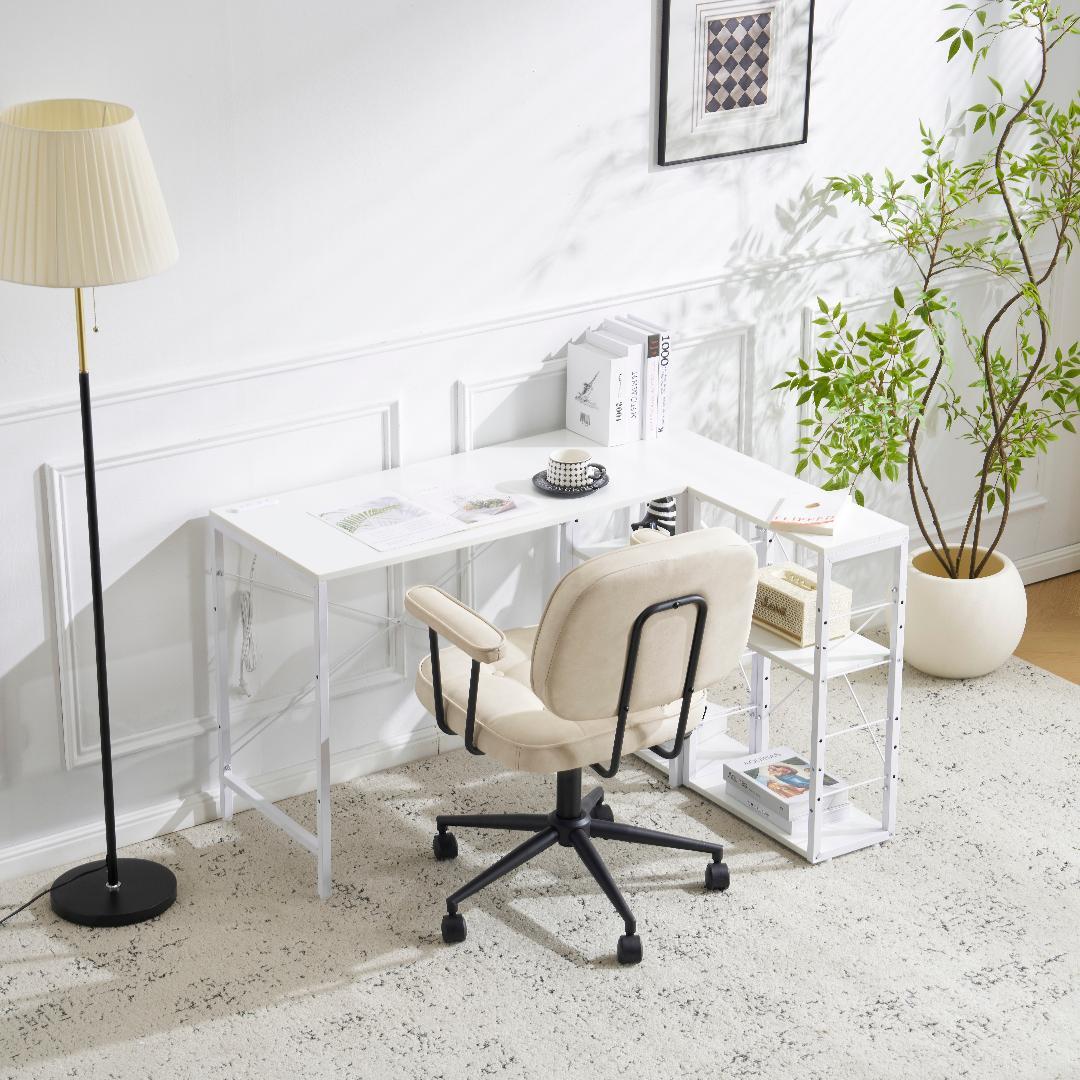 【ホワイト】一体分離多用型パソコンデスク ラック付 ワークデスク 木製 学習用