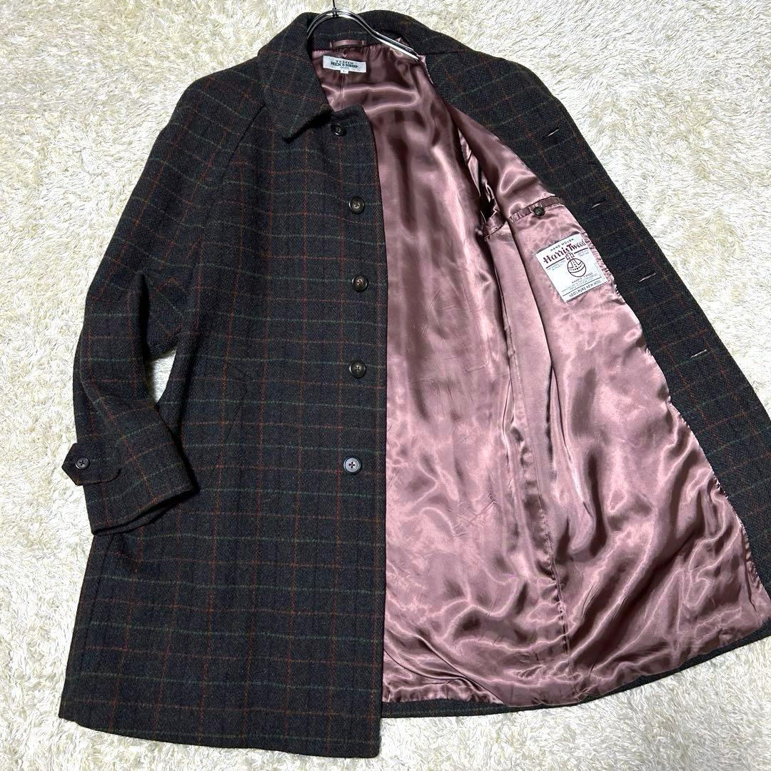 【美品 L ハリスツイード】テイジン　ステンカラーコート　茶　チェック柄