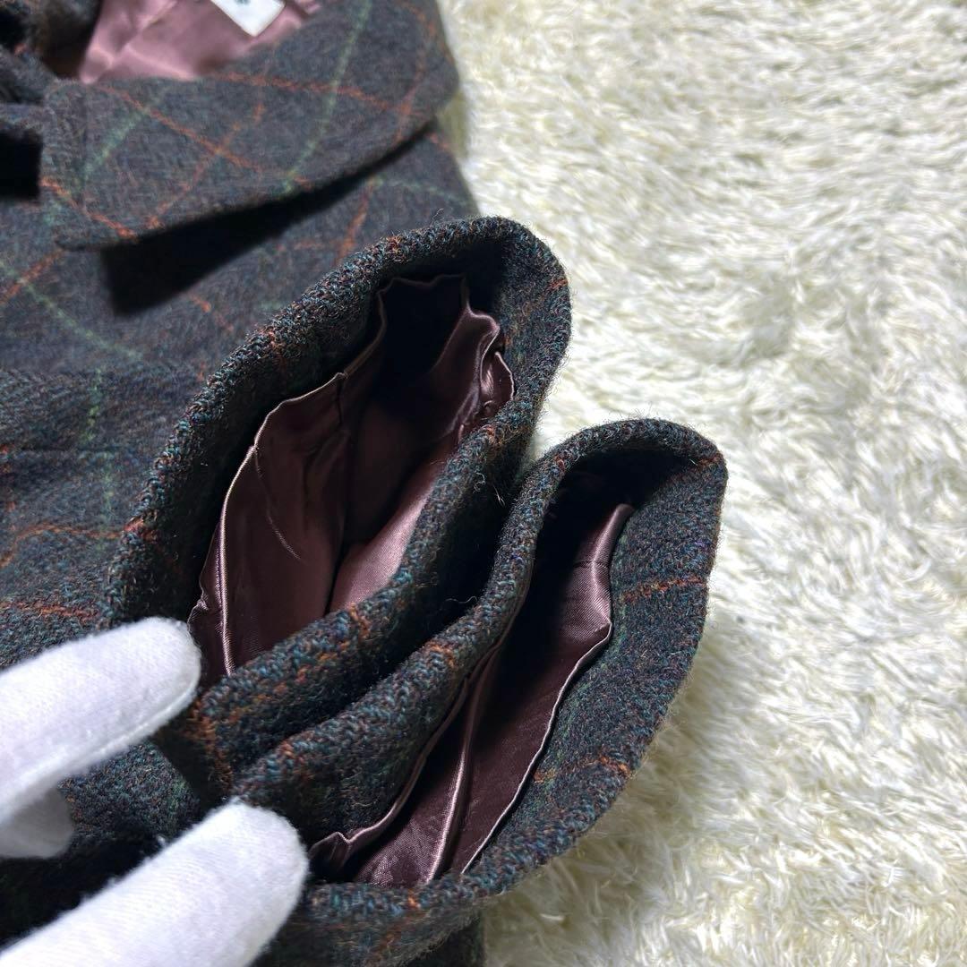 【美品 L ハリスツイード】テイジン　ステンカラーコート　茶　チェック柄