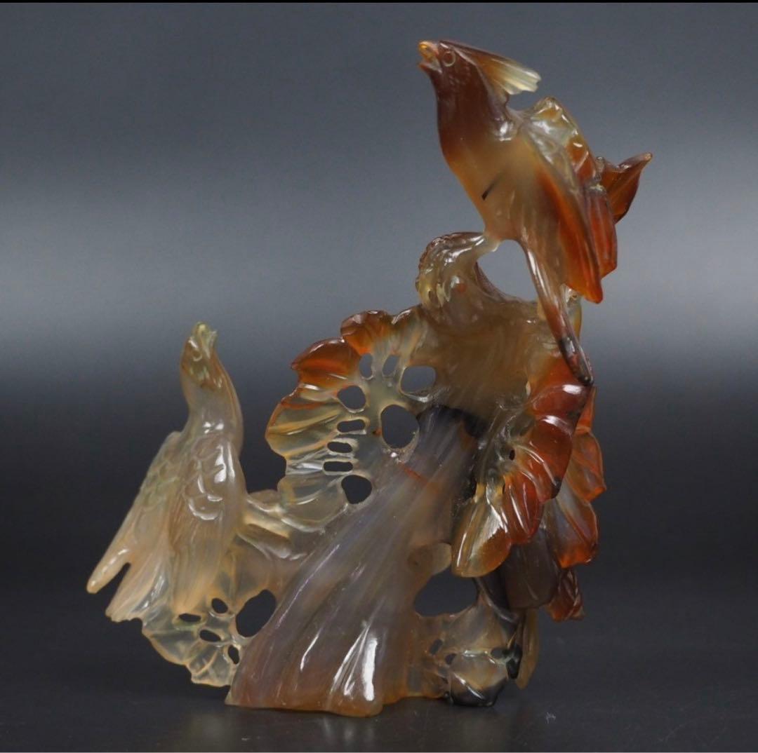 送料無料　中国古玩　瑪瑙（メノウ）製鳥彫刻置物　高さ12.5ｃｍ