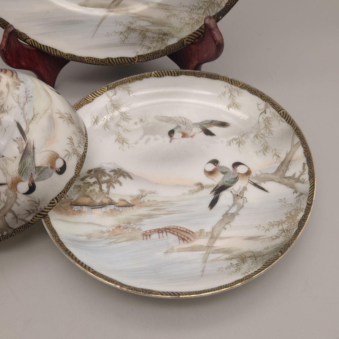 明治時代　大日本　高坂造　横浜焼　 エッグシェル　トリオ　里帰り　花鳥図