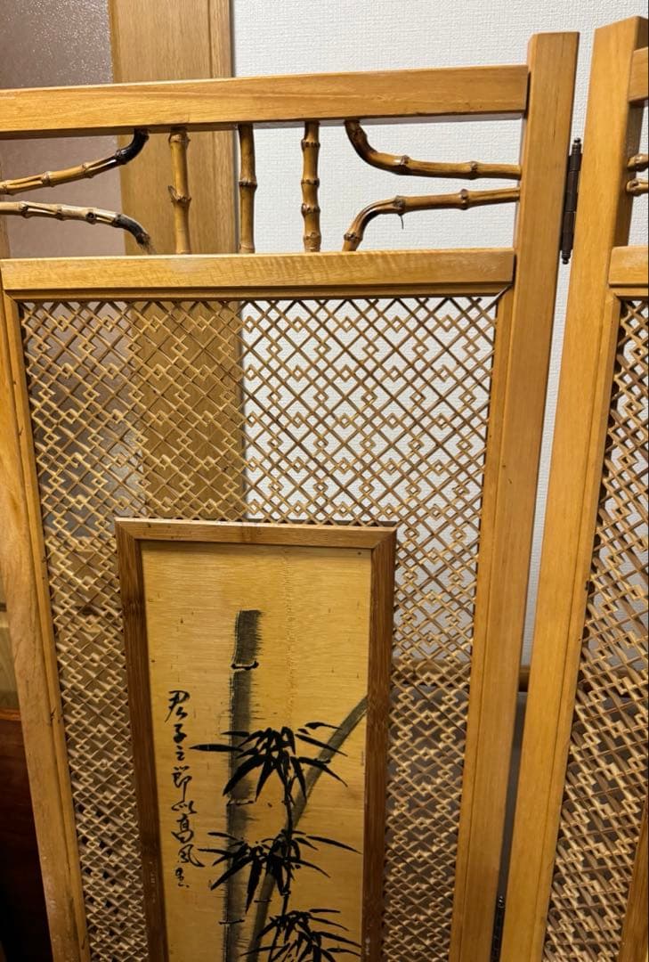 昭和レトロ 木竹製格子型屏風 日本画 春夏秋冬草花 4枚 パーテーション 衝立