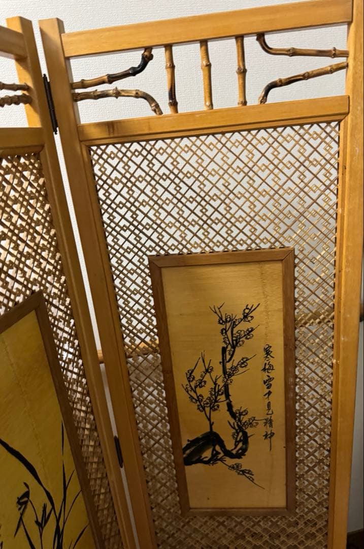 昭和レトロ 木竹製格子型屏風 日本画 春夏秋冬草花 4枚 パーテーション 衝立