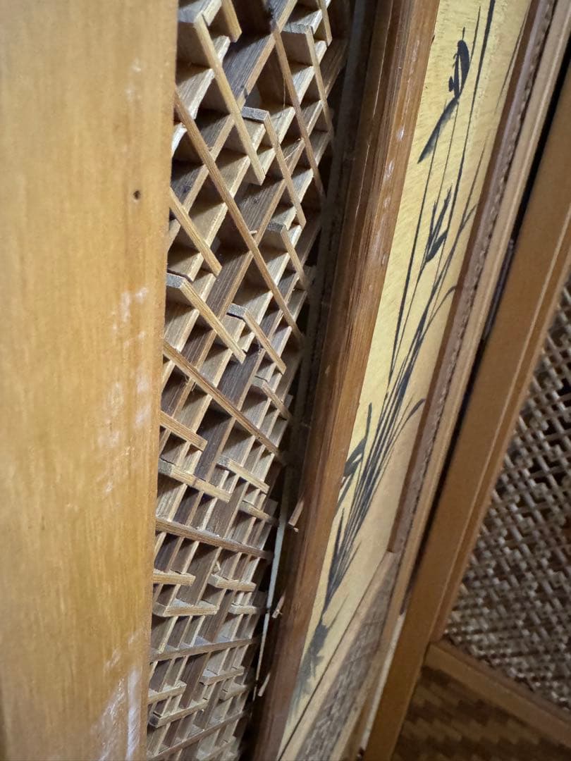 昭和レトロ 木竹製格子型屏風 日本画 春夏秋冬草花 4枚 パーテーション 衝立