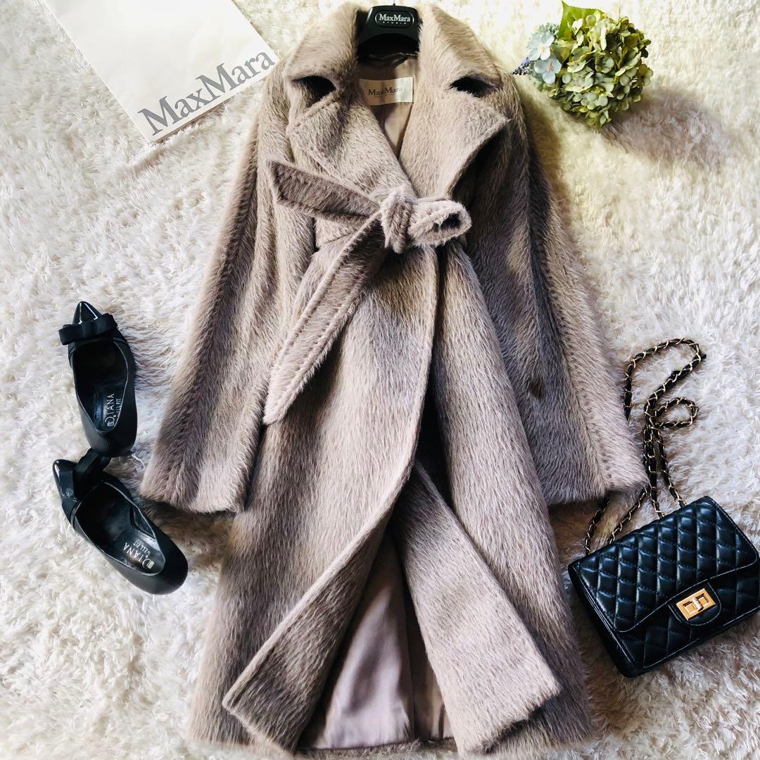 42大きめ✨希少色 極美品マックスマーラ ベルテッドコート アルパカ グレージュ