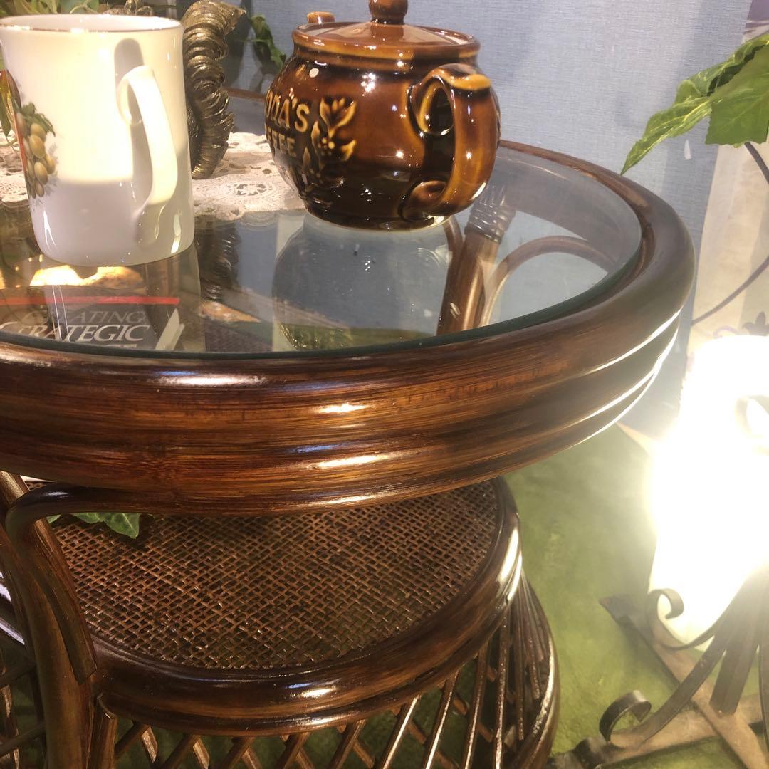 美品　ヴィンテージ ブラウン　籐ラタンフレーム センターテーブル　オーバル