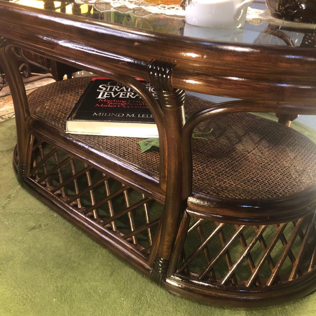 美品　ヴィンテージ ブラウン　籐ラタンフレーム センターテーブル　オーバル