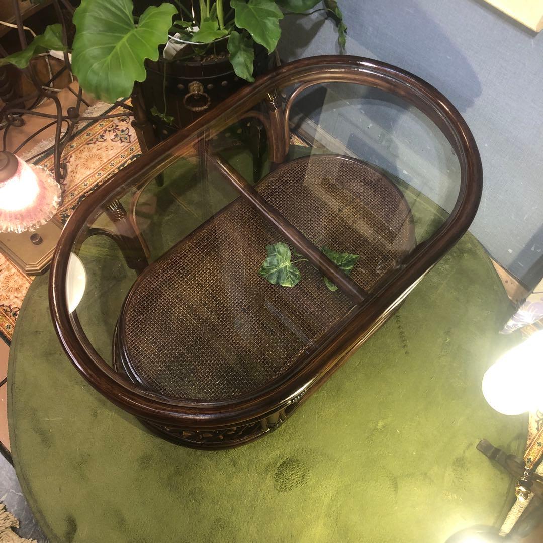 美品　ヴィンテージ ブラウン　籐ラタンフレーム センターテーブル　オーバル