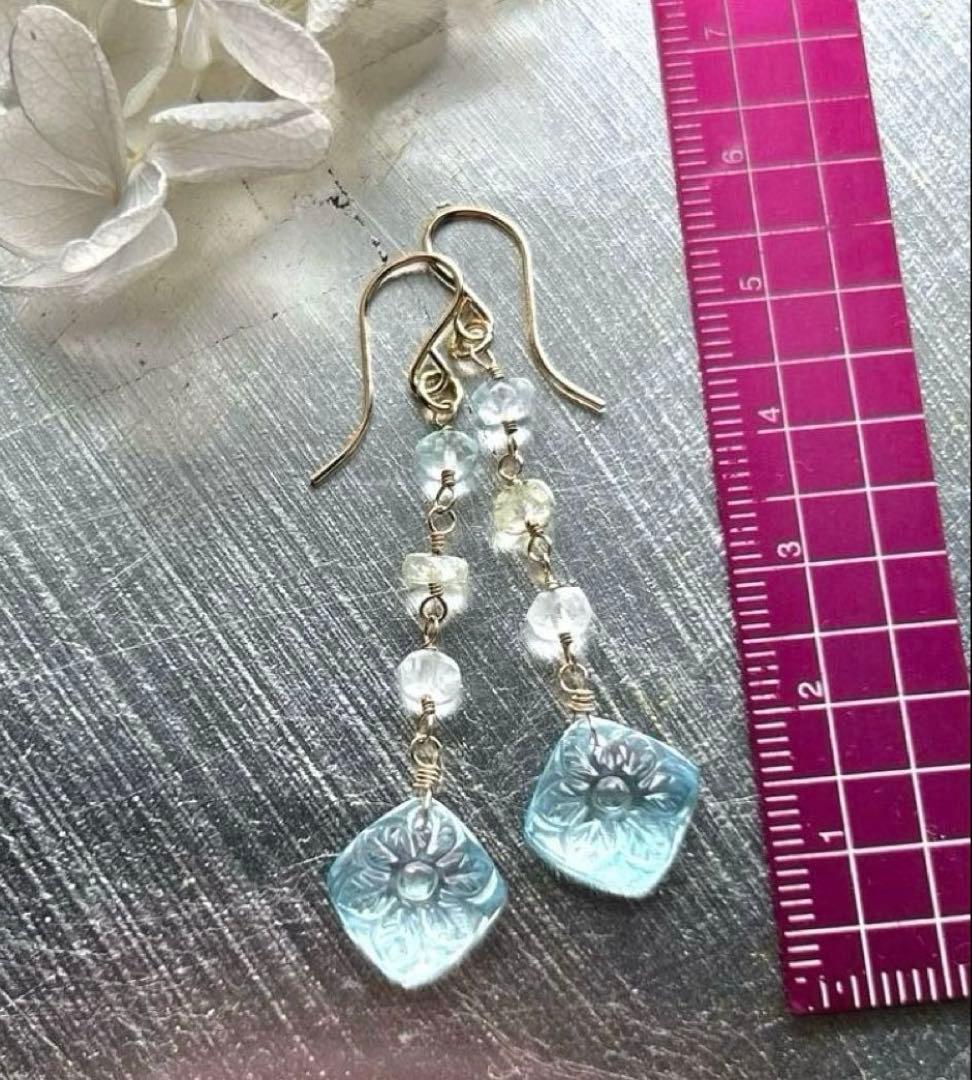 専用❣️宝石質ブルートパーズ　ルースカービング＆ベリルのピアス他　14kgf