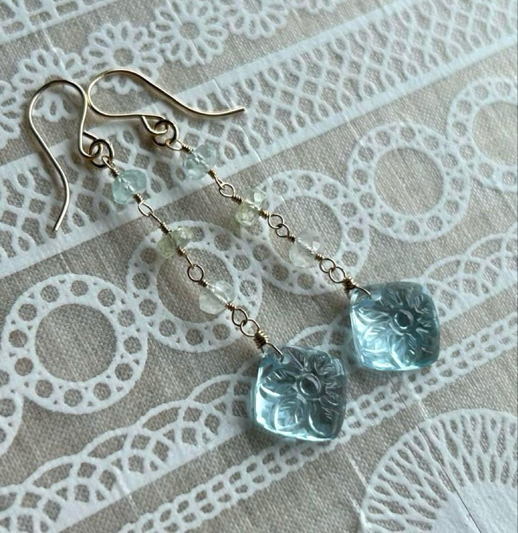 専用❣️宝石質ブルートパーズ　ルースカービング＆ベリルのピアス他　14kgf