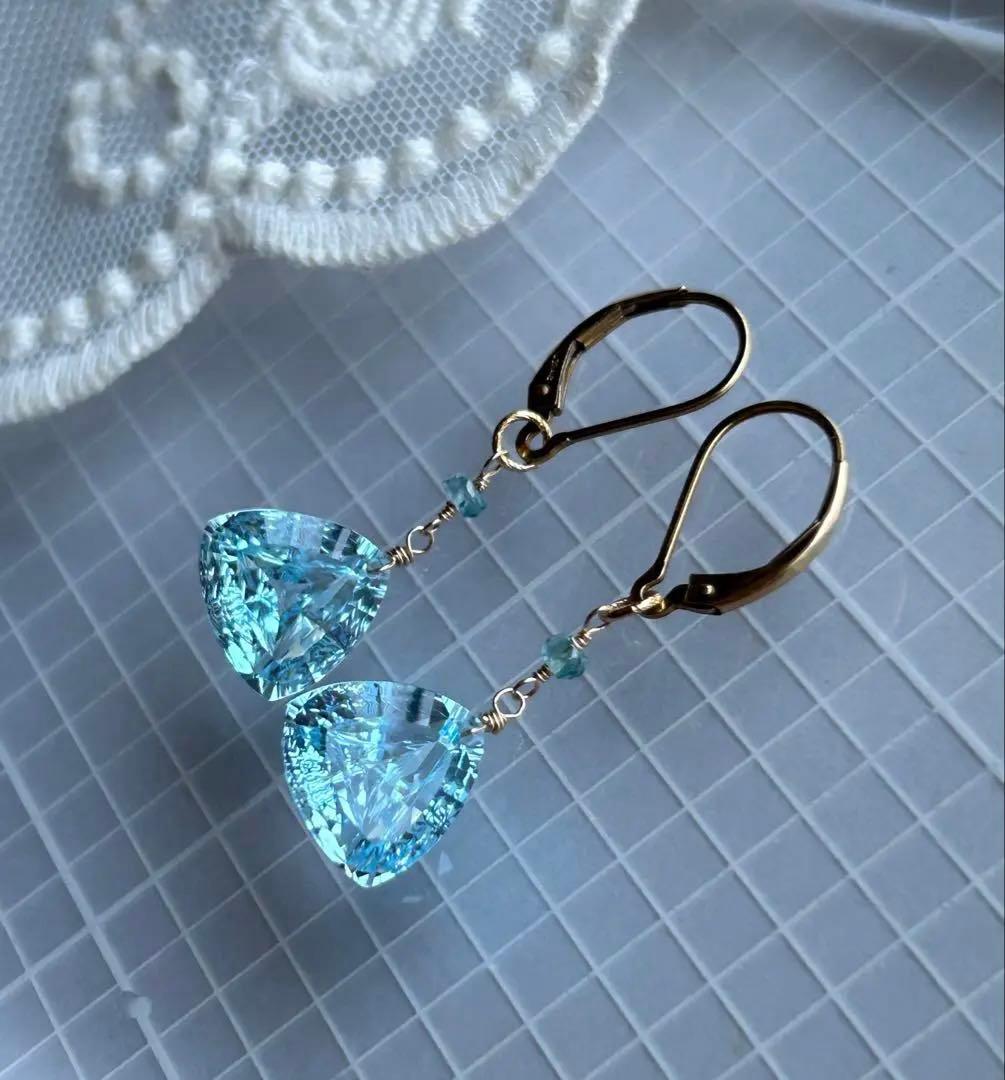 専用❣️宝石質ブルートパーズ　ルースカービング＆ベリルのピアス他　14kgf