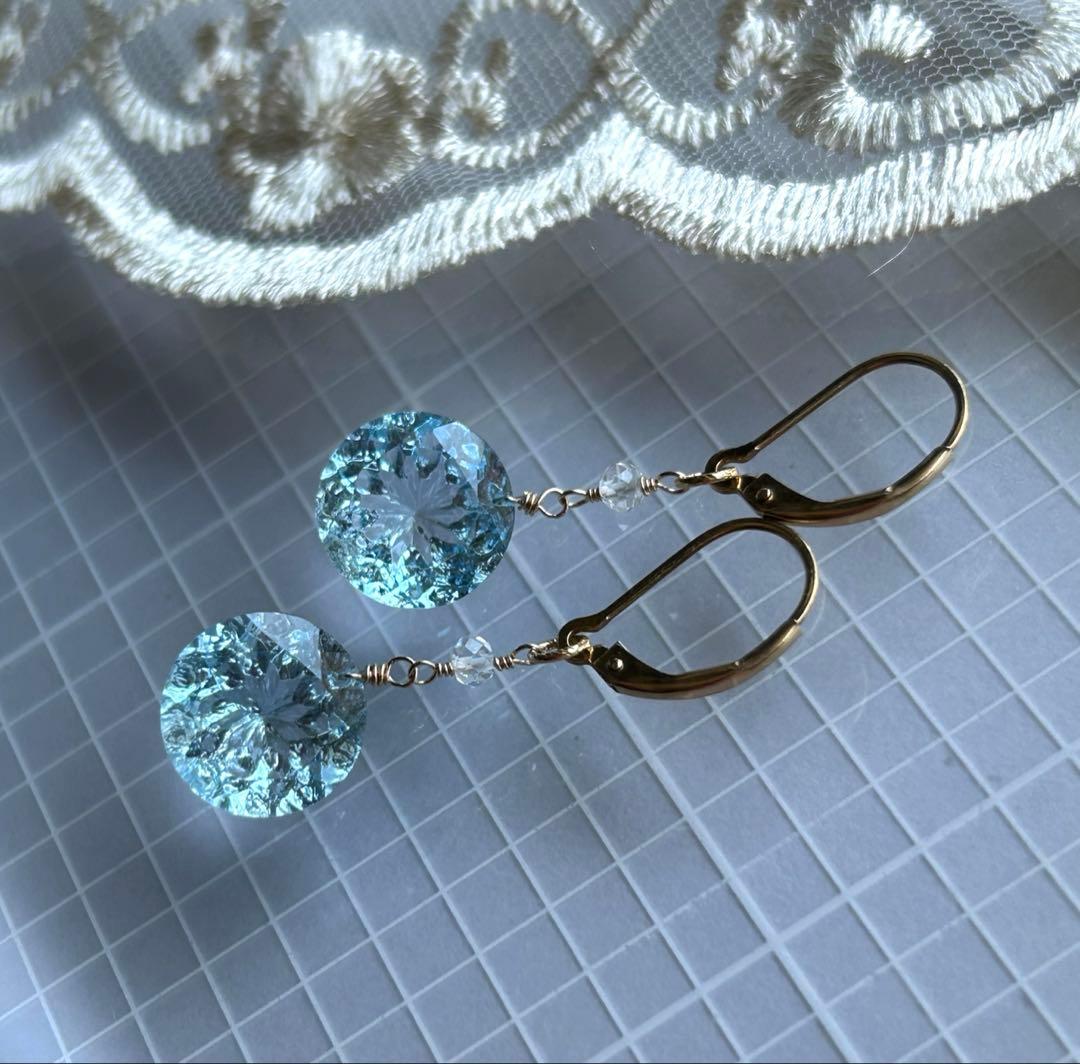 専用❣️宝石質ブルートパーズ　ルースカービング＆ベリルのピアス他　14kgf