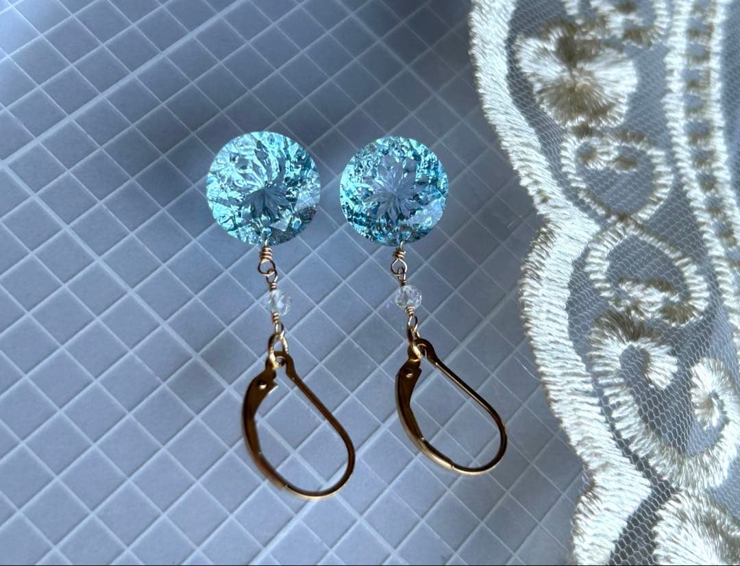 専用❣️宝石質ブルートパーズ　ルースカービング＆ベリルのピアス他　14kgf