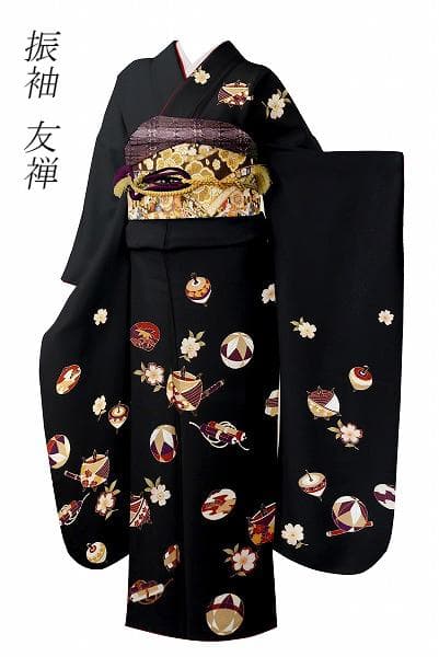 ★専用★美品 振袖 黒 京友禅 黒 金駒刺 糸巻 絵巻 鞠 桜 身丈156cm
