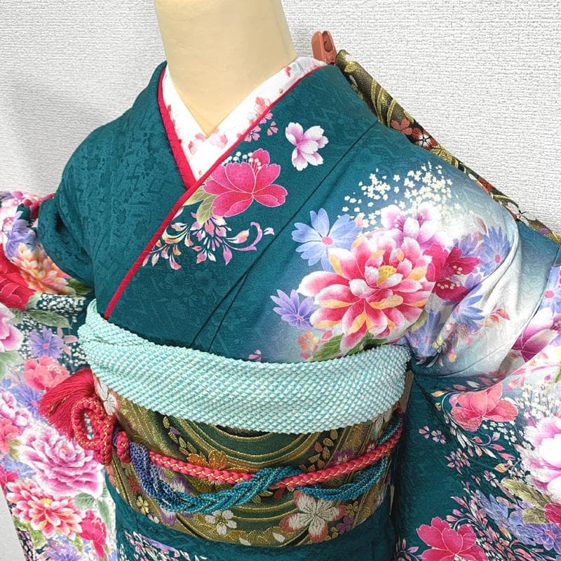 410z14〇高身長な方にも 振袖 長襦袢付き 地紋 金彩〇美品 成人式 結婚式