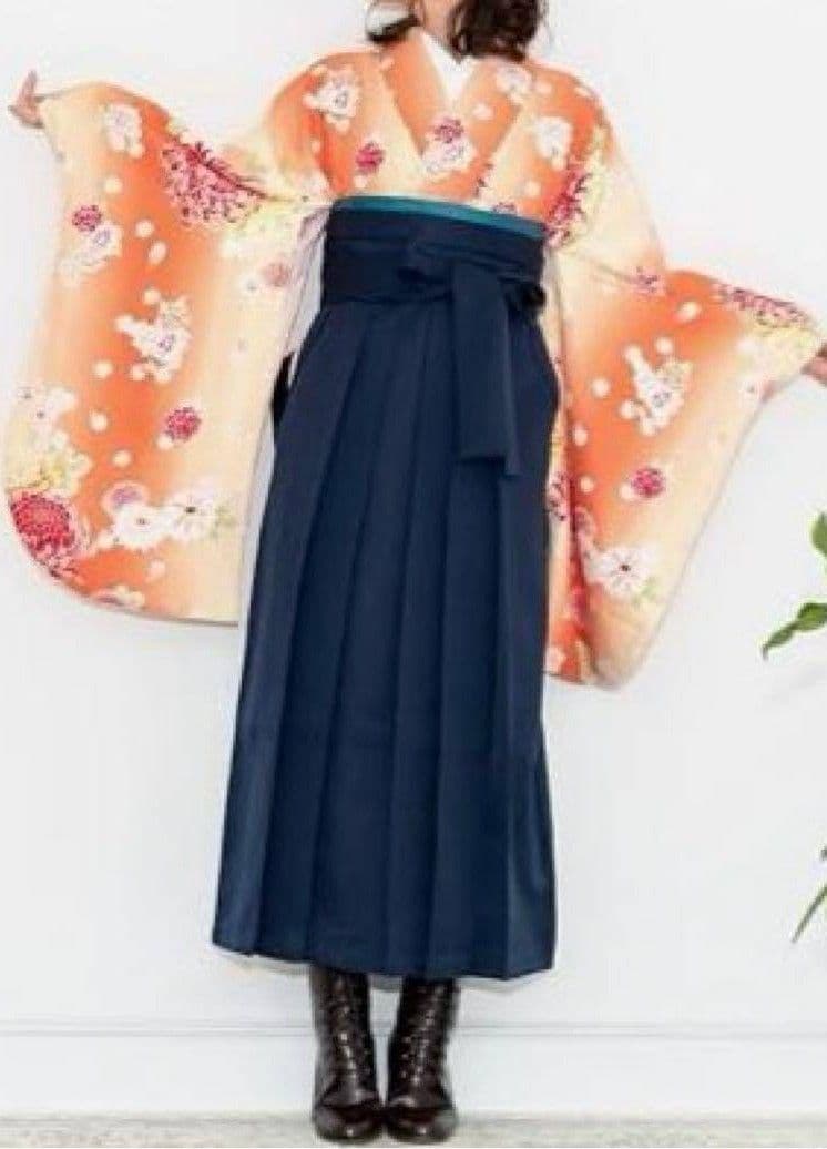 袴4点セット+着付け9点セット150cm160cm　フリーサイズ　オレンジ 花柄