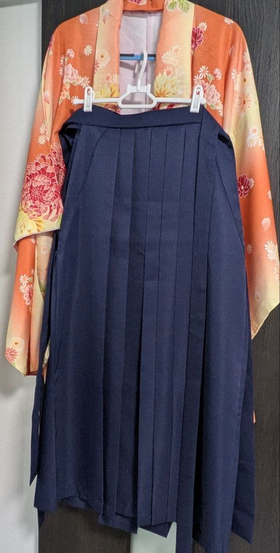 袴4点セット+着付け9点セット150cm160cm　フリーサイズ　オレンジ 花柄