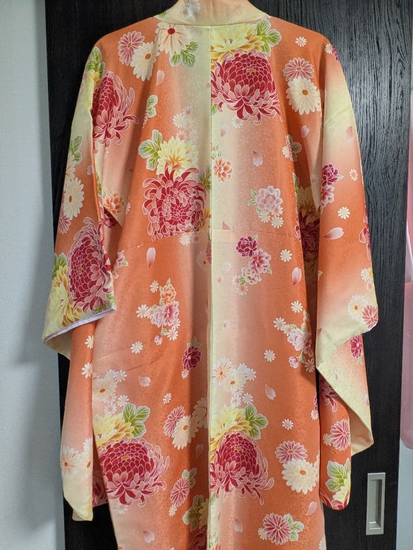 袴4点セット+着付け9点セット150cm160cm　フリーサイズ　オレンジ 花柄