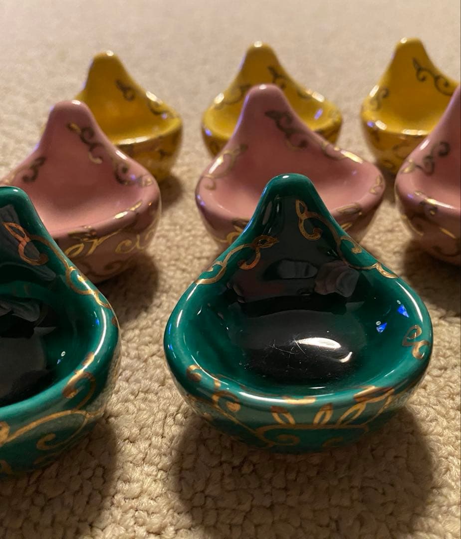 京焼珍味入れ　金唐草柄ちぎりもち緑交趾　黄交趾　ピンク3色　2セット 6個