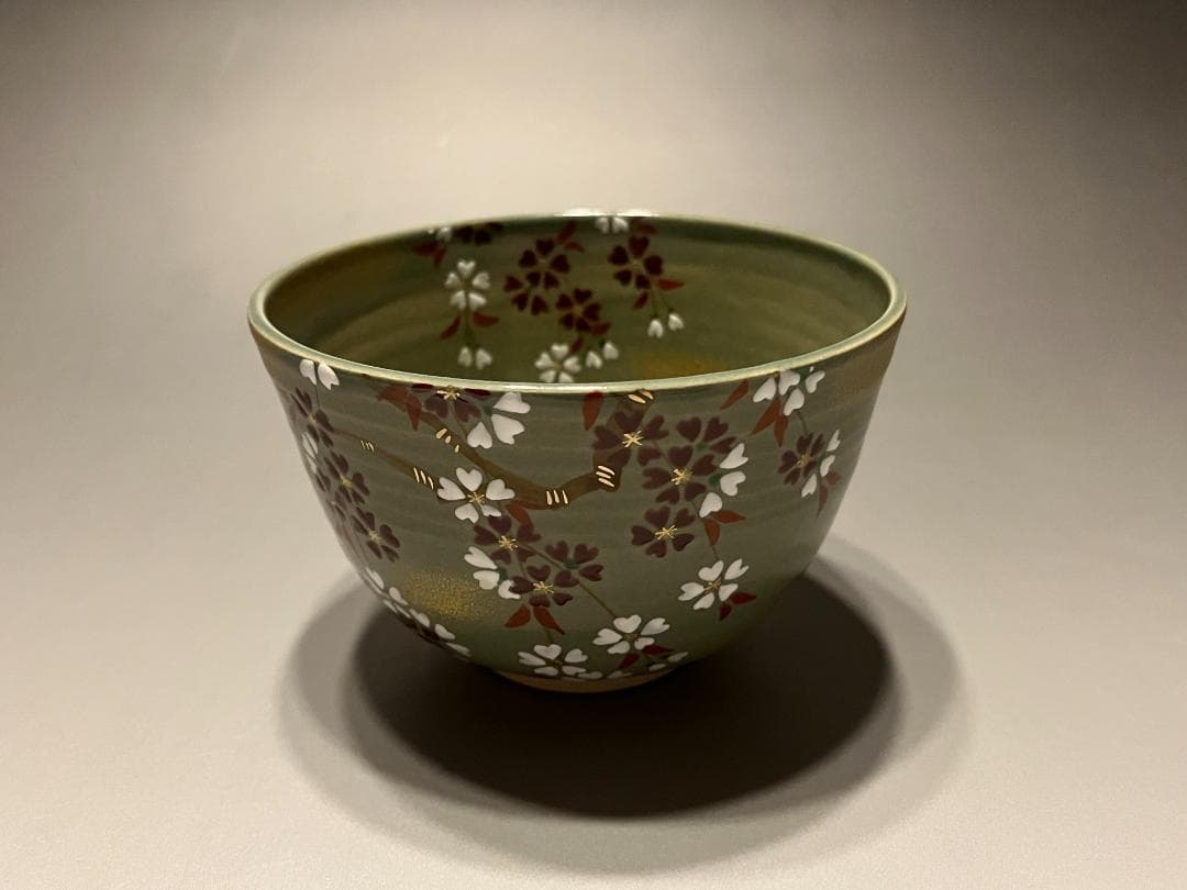 東山深山　紅白しだれ桜　色絵　茶碗　茶道具　他2点