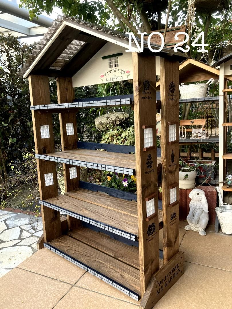 No24 三角屋根の簡単移動棚4段Flower end　Garden　brown
