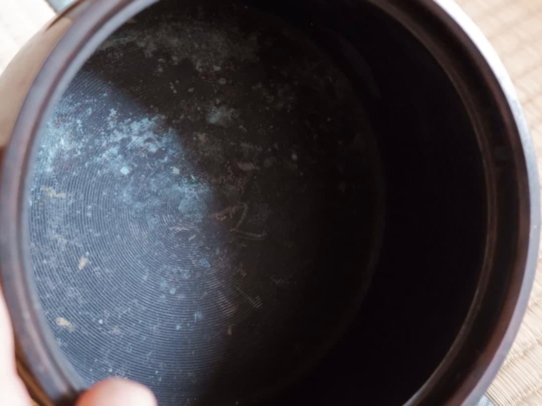 楼閣山水紋　霊芝摘蓋　建水　銅製　茶道具　佐渡銅器　重さ1900g　Q2331