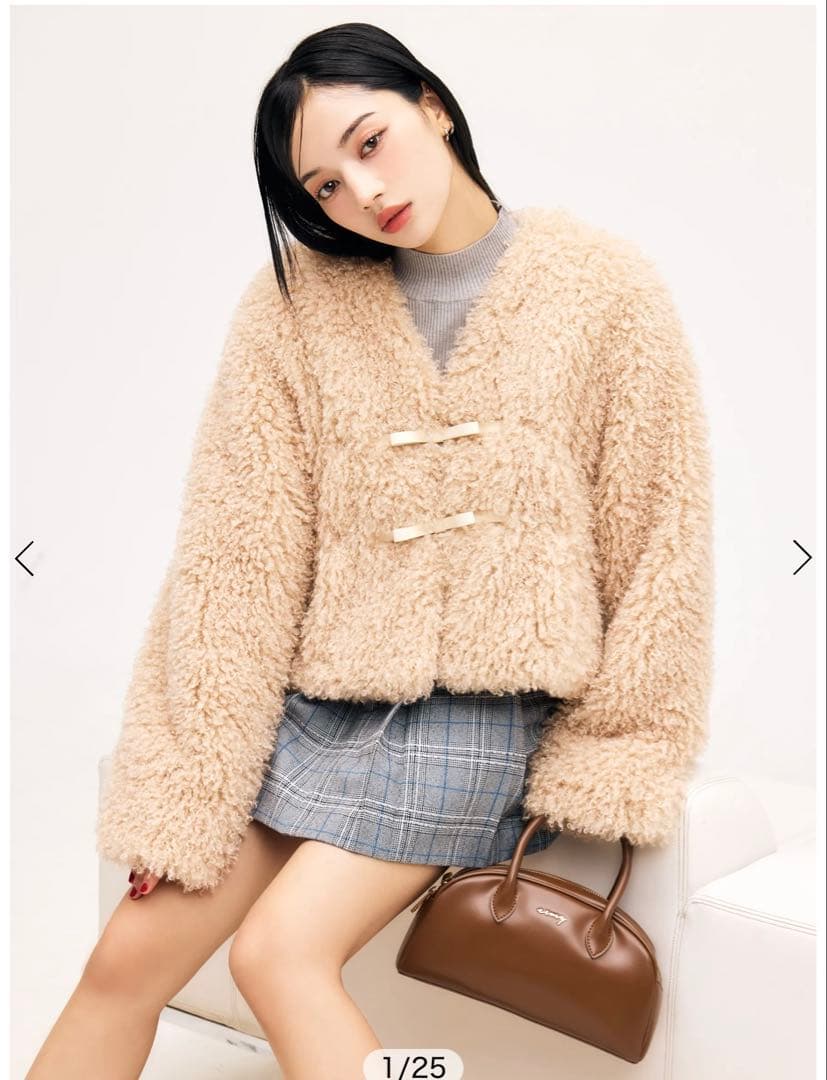 eimy フレンチプードルファー リボンジャケット　ピンクベージュ