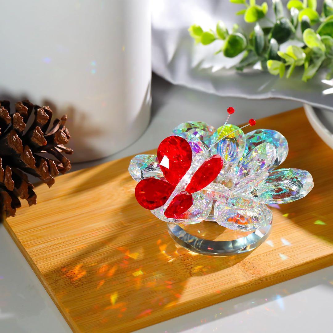 クリスタルクリアフラワー 赤い蝶の置物 ギフト 女性用 ガラス蓮の花 開運 風水