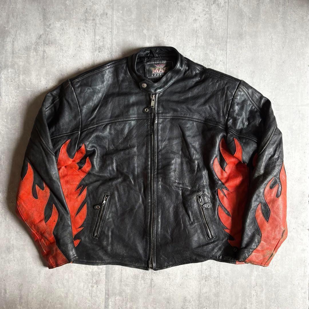 【90s vintage】ライダース　シングル　ファイアパターン　本革　古着