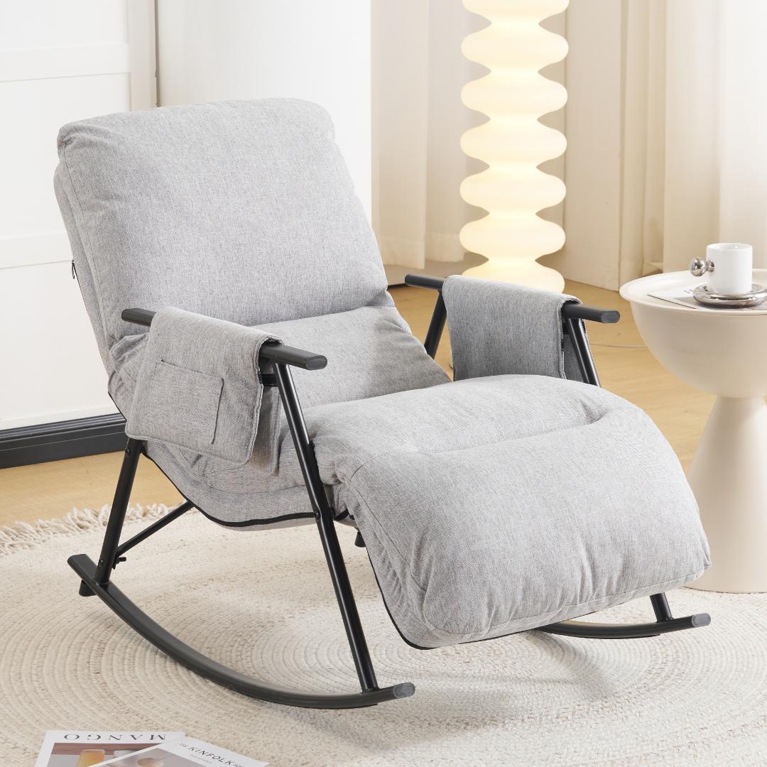 【ライトグレー】ロッキングチェア 背/足部多段階調節可能 揺れる椅子 組立簡単