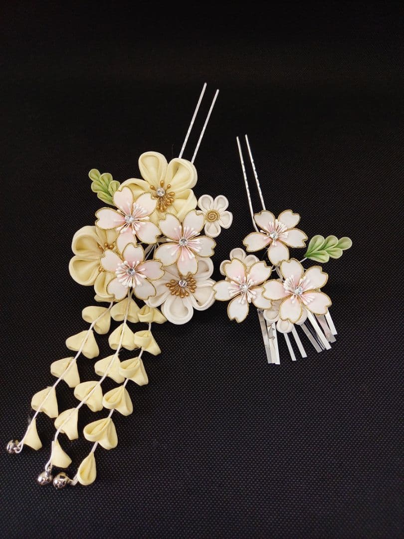 つまみ細工髪飾りセット 黄色 桜 ディップアート 成人式 簪 かんざし 振袖